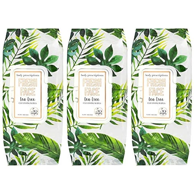 Body Prescriptions TEA TREE FACIAL WIPES, MOISTURIZING, DEEP CLEANSING FACE TOWELETTES, REFRESHING + NOURISHING, GENTLE CLEANSING CLOTHS, 50 COUNT (PACK OF 3), TEA-TREE - Image 1
